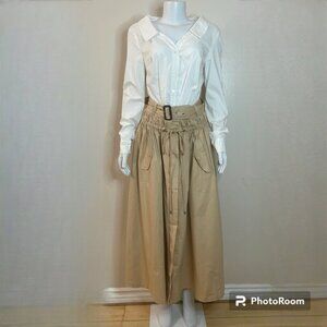 Buttoned front white long sleeve shirt A-line belted  midi skirt two-piece set